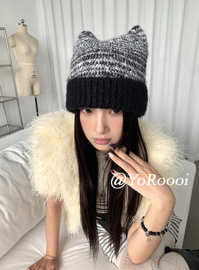 YoRoooi 自制韩系冬季猫耳拼色针织帽保暖护耳防寒毛线帽套头帽女