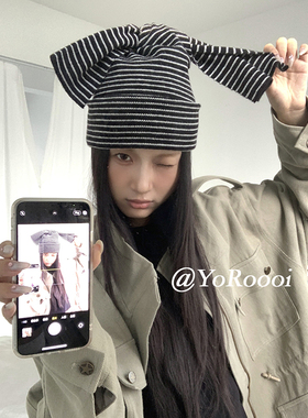 YoRoooi 韩系设计师款细条纹针织帽秋冬日系打结辫子毛线帽护耳帽