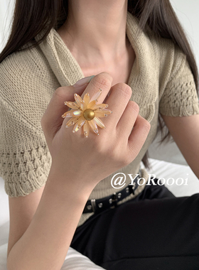 韩系手工串珠琉璃花朵开口戒指