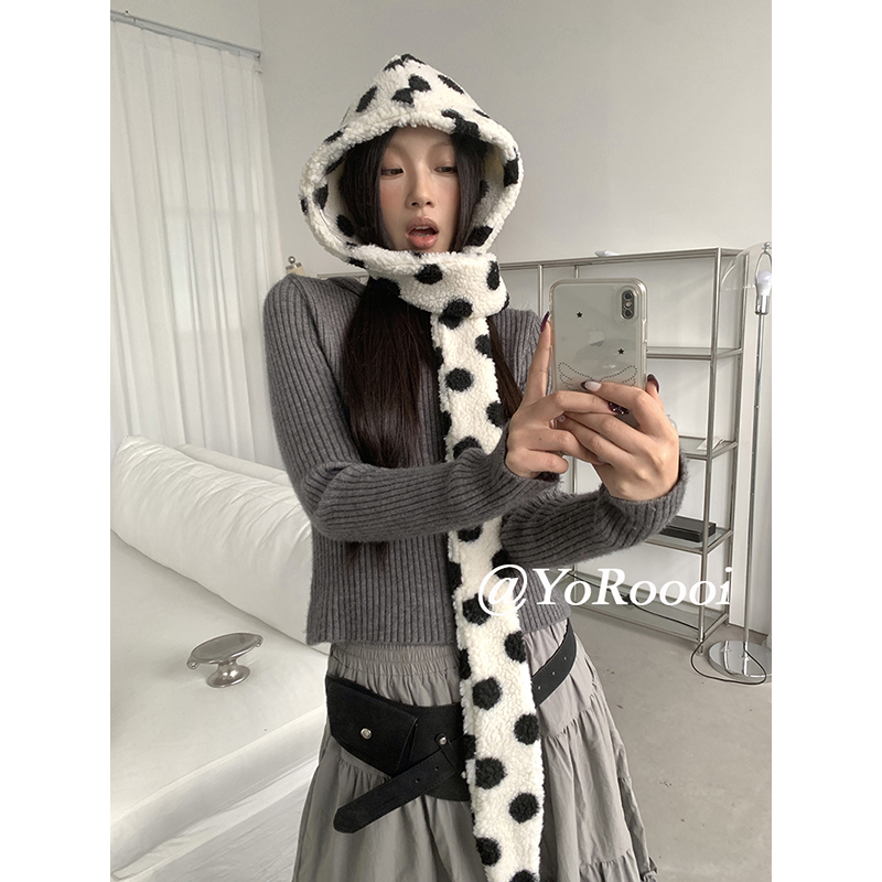 可爱波点帽子围巾一体围脖百搭