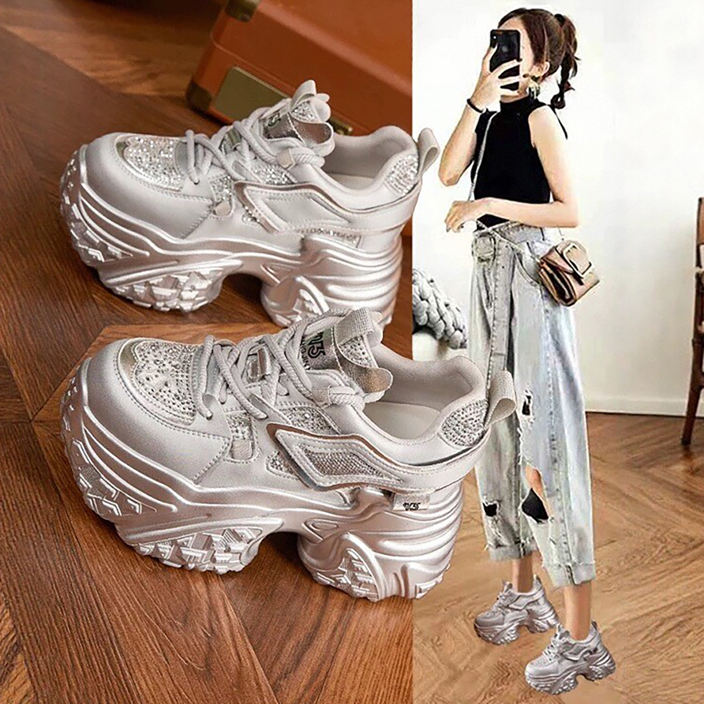 水钻加绒保暖老爹鞋女显脚小