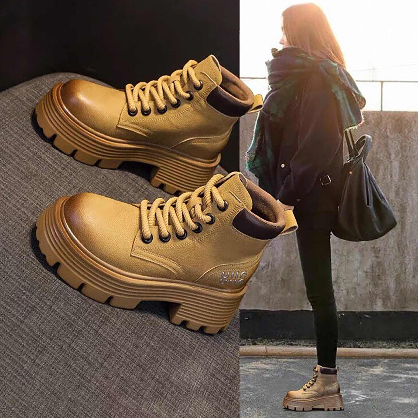 复古马丁靴女内增高大黄靴显脚小