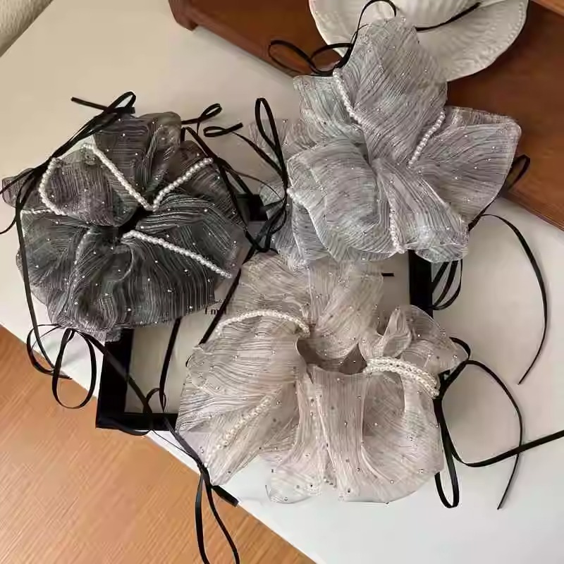 法式欧根纱烫钻条纹蝴蝶结发圈