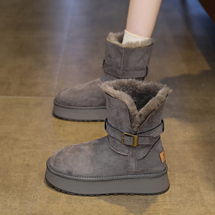 子 高筒长筒保暖东北大棉鞋 灰色厚底加绒中筒雪地靴女2025新款 冬季