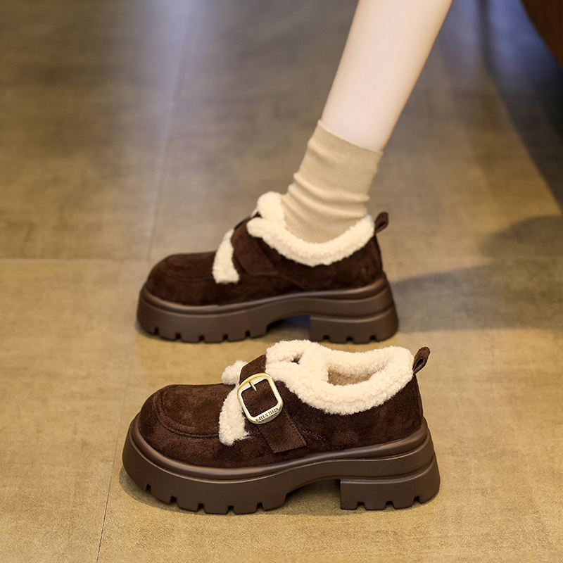英伦风加绒乐福棉鞋女2025秋冬新款厚底增高保暖毛毛玛丽珍小皮鞋