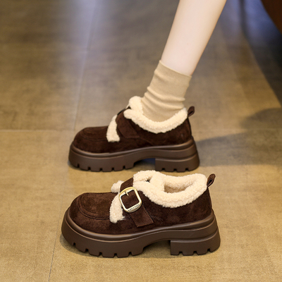 英伦风加绒乐福棉鞋女2025秋冬新款厚底增高保暖毛毛玛丽珍小皮鞋