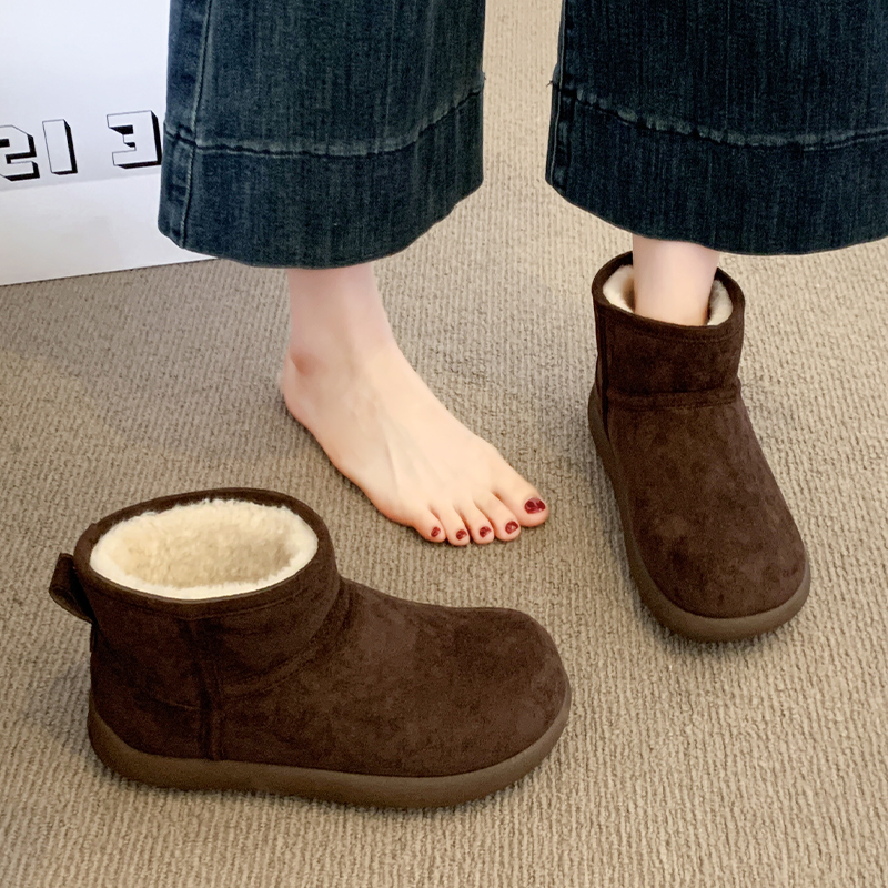 皮毛一体厚底短筒雪地靴女2025新款冬季加绒保暖面包鞋勃肯棉鞋子