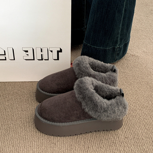 女鞋 乐福鞋 子2025新款 雪地靴毛毛棉鞋 冬季 厚底灰色加绒保暖勃肯鞋