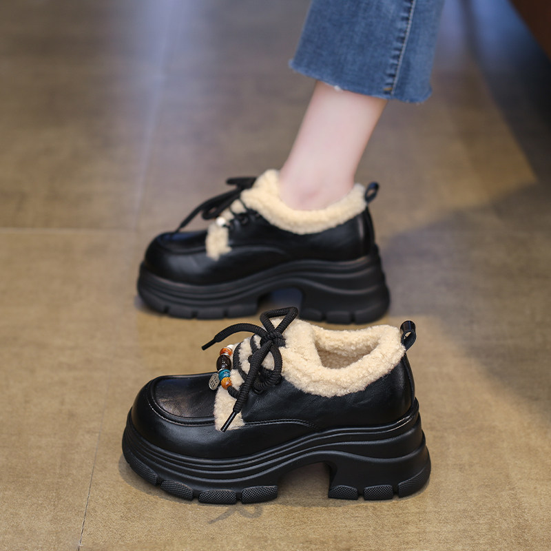 厚底乐福鞋女2025新款秋冬加绒雪地靴百搭毛毛棉鞋增高黑色小皮鞋,女鞋,乐福鞋（豆豆鞋）,淘宝优惠券,粉丝福利购,淘宝优惠卷