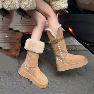 厚底长筒雪地靴女2025冬季 翻折两穿不过膝加绒保暖高筒棉靴子 新款