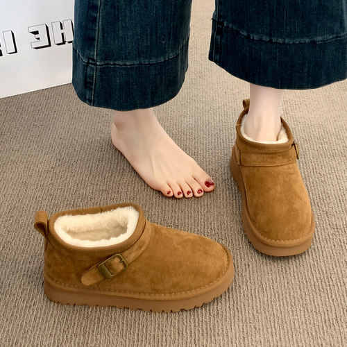 厚底勃肯鞋皮毛一体雪地靴女2025冬季新款防水短筒棉鞋加绒面包鞋