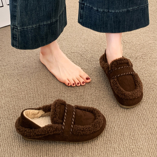 厚底勃肯毛毛鞋女2025新款冬季一脚蹬加绒豆豆鞋雪地靴保暖棉鞋子