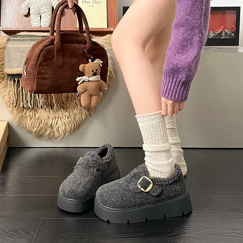 厚底灰色毛呢勃肯鞋女2025冬季新款增高百搭一脚蹬毛毛乐福鞋棉鞋