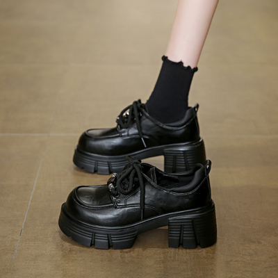 厚底乐福鞋女2025秋季新款英伦风粗跟高跟小皮鞋增高系带勃肯单鞋