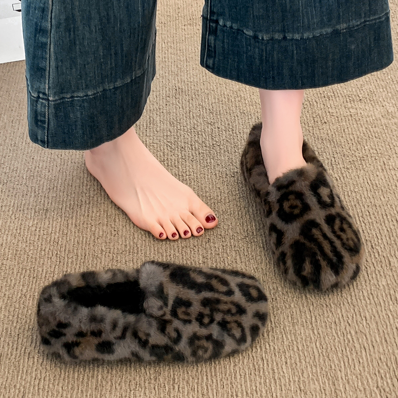 豹纹毛毛鞋女外穿2025冬季新款加绒雪地靴保暖网红欧货一脚蹬棉鞋