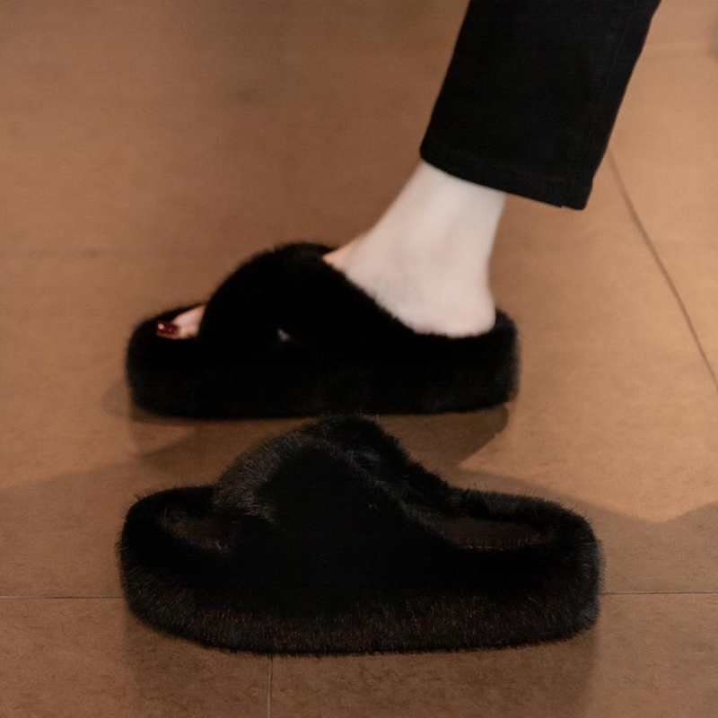 婉亦雅冬季加绒毛毛拖鞋时尚外穿