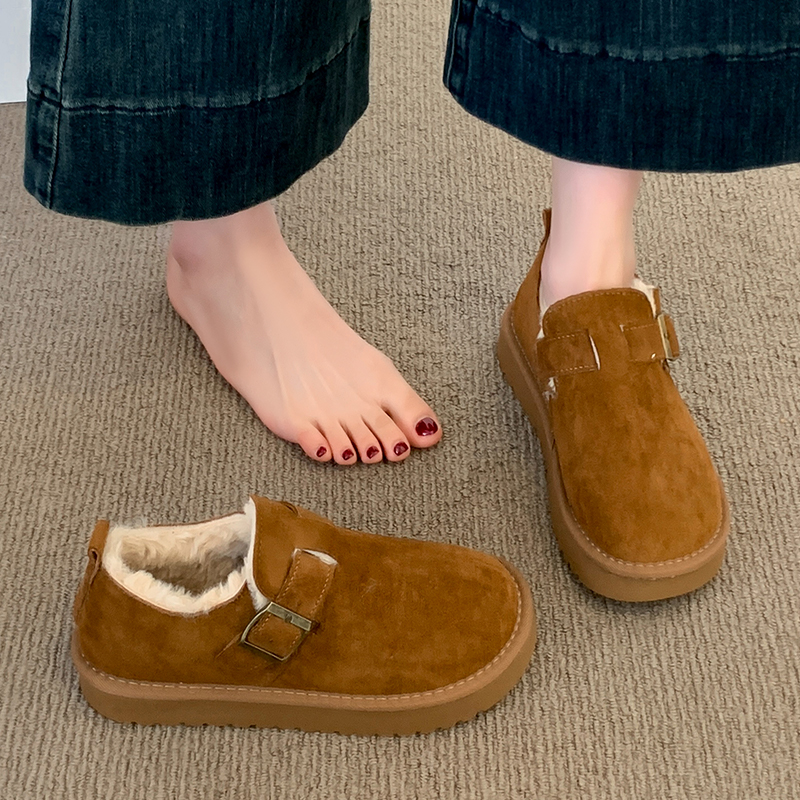 厚底加绒勃肯鞋女保暖雪地靴2025新款冬季乐福鞋一脚蹬保暖棉鞋子