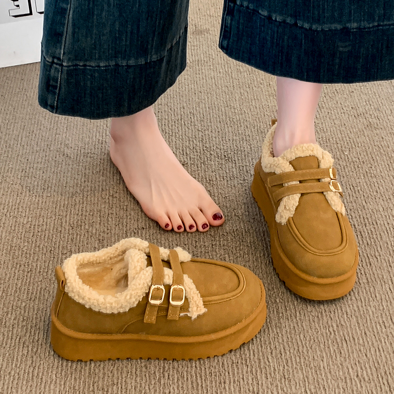 厚底加绒保暖勃肯棉鞋女2025新款冬季羊羔绒毛毛乐福鞋雪地靴短靴