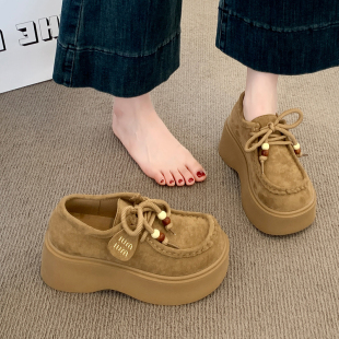小个子单鞋 松糕系带博肯乐福鞋 女鞋 新款 子2025秋季 厚底增高勃肯鞋