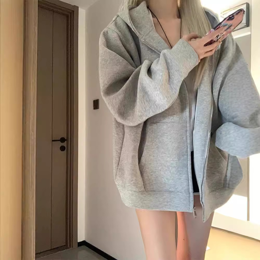 韩系慵懒风灰色连帽卫衣女秋冬加绒加厚慵懒宽松开衫拉链外套上衣