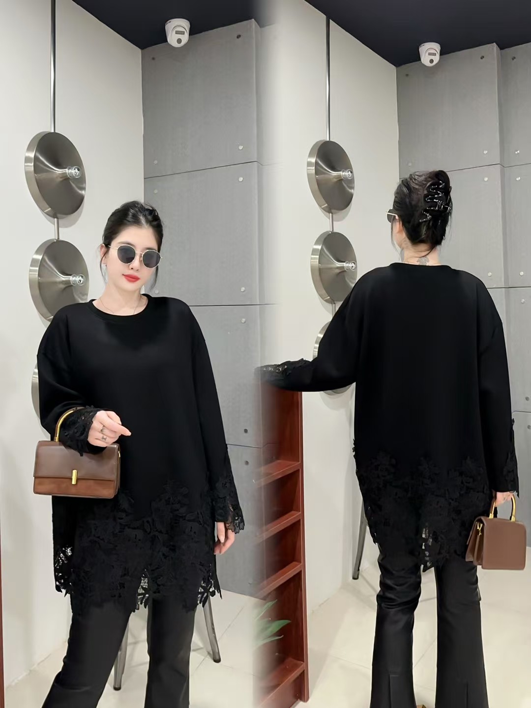 大码女装高品质蕾丝拼接中长款韩系宽松圆领长袖T恤显瘦百搭24225