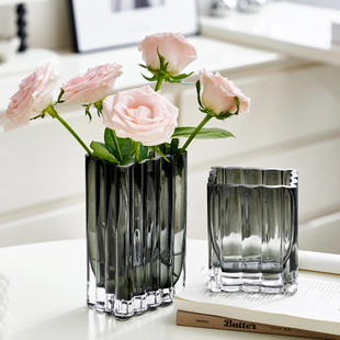 轻奢高级感竖楞方缸简约风花瓶玻璃透明水养鲜花客厅插花餐桌摆件