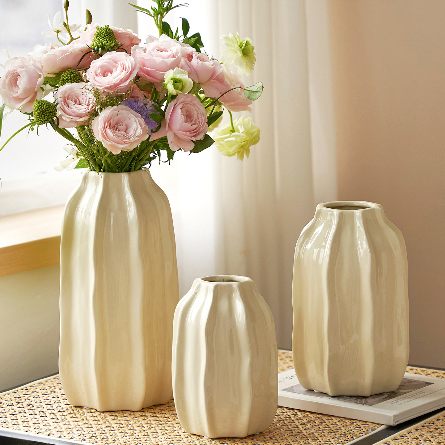 复古简约陶瓷花瓶波浪造型奶黄色水培插花客厅装饰摆件高级感小众,鲜花速递/花卉仿真/绿植园艺,花瓶,淘宝优惠券,粉丝福利购,淘宝优惠卷