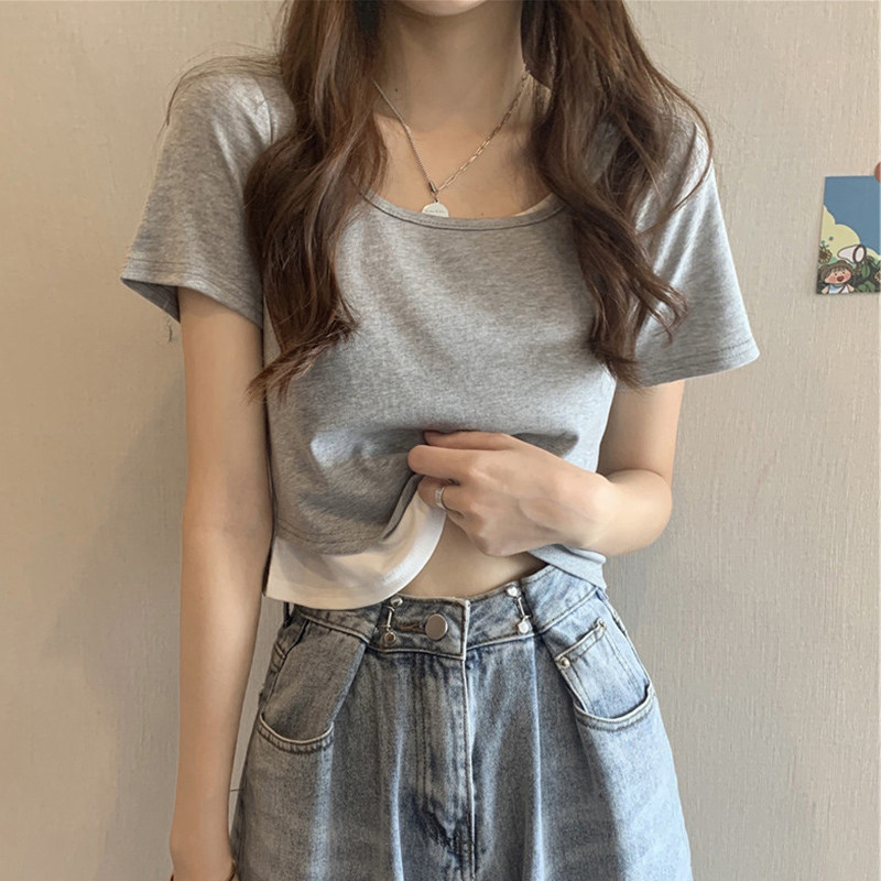 FAKE TWO-PIECE SHORT-SLEEVED T-SHIRT WOMENS SUMMER 2023 NEW DESIGN SENSE NICHE SWEET COOL HIGH-WAISTED CROPPED TOP INS TREND