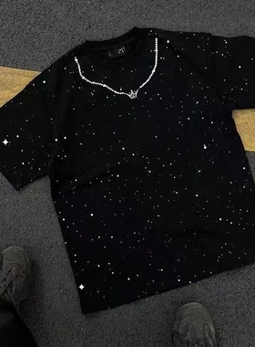 清仓捡漏~外贸尾货余货100%纯棉美式满天星短袖T恤男宽松圆领时尚