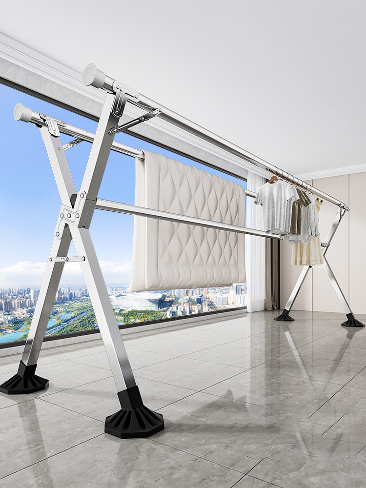 晾衣架落地折叠室内家用阳台卧室外不锈钢伸缩式凉衣杆晒被子神器
