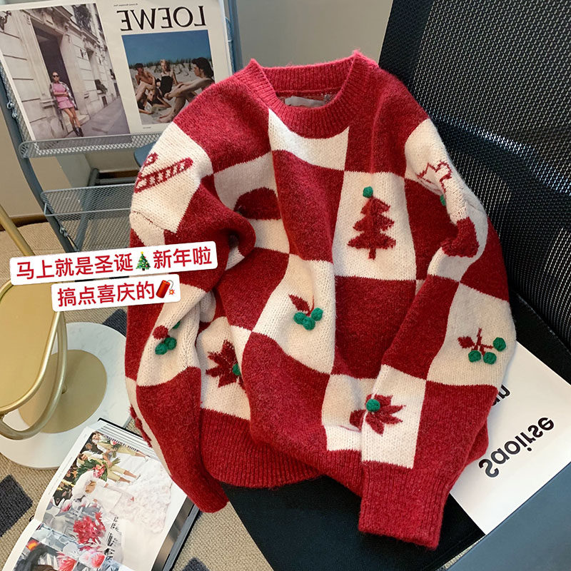 大码圣诞新年红色提花撞色毛衣女秋冬宽松外穿设计感小众针织上衣