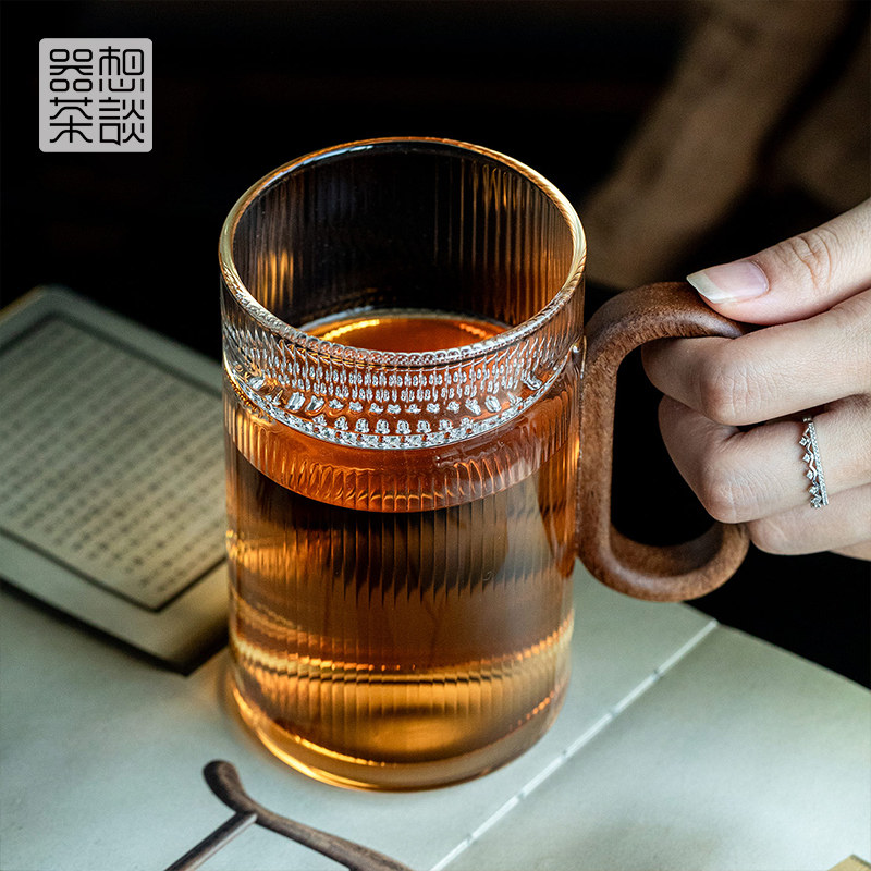 器想茶谈高硼硅玻璃实木柄绿茶杯图片