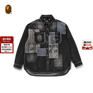 304311P 25年秋冬猿人刺子绣拼接毛边水洗牛仔衬衫 BAPE BLACK男装