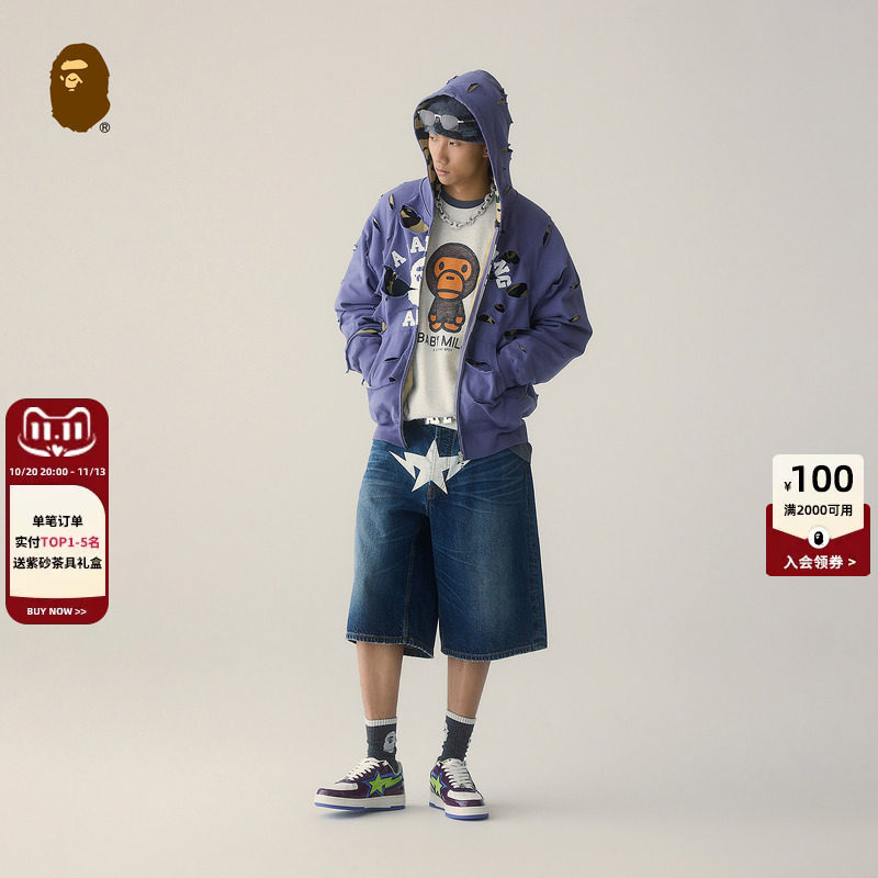 BAPE男装26年秋冬双星标印花猿人刺绣及膝牛仔中裤301511R