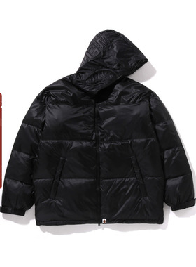 BAPE男装24年秋冬同色系鲨鱼刺绣光面宽松连帽羽绒服144002N
