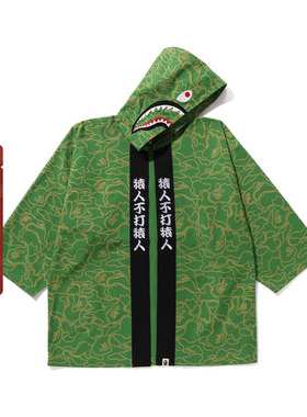 BAPE男装秋冬猿人30周年迷彩刺绣鲨鱼连帽日式和服外套140003L