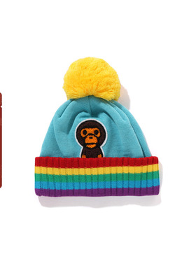 BAPE配饰卡通BABY MILO彩色翻边撞色拼色毛球针织帽帽381002L