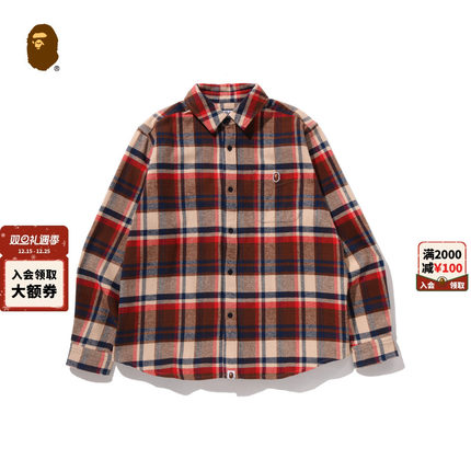 BAPE男装25年秋冬猿人刺绣标格纹图案长袖衬衫001311P