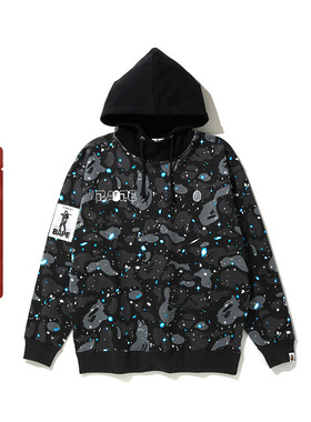 BAPE女装春夏猿人徽章字母夜光星空拼接连帽卫衣214507E