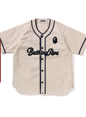 BAPE男装24年秋冬猿人字母竖纹图案棒球衫132001N
