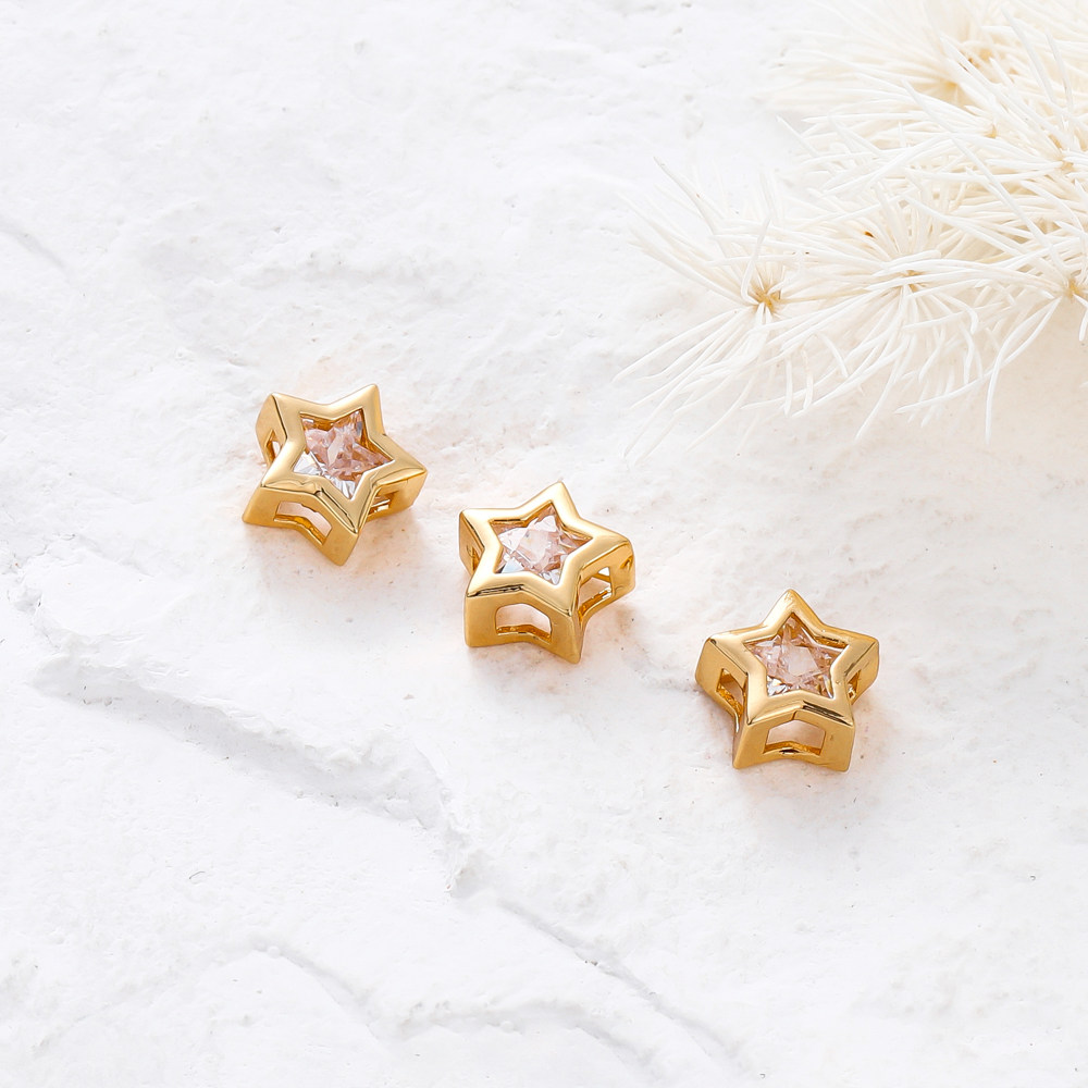 18k保色真金镂空五角星带钻穿孔珠diy手链项链串珠饰品配件