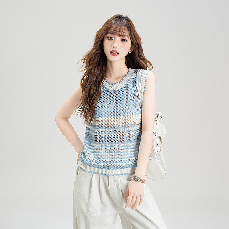 甜美撞色条纹针织无袖T恤女2025夏季新款高级感小个子修身上衣潮