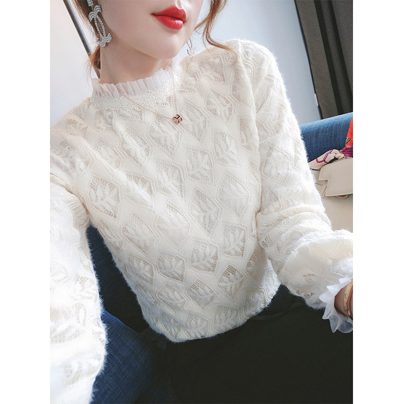 尚维洛蕾丝上衣女2020年秋冬新款宽松显瘦气质减龄镂空钩花打底衫