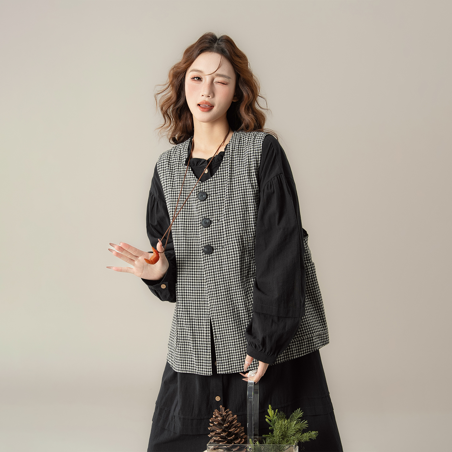 复古格子马甲背心女秋季新款
