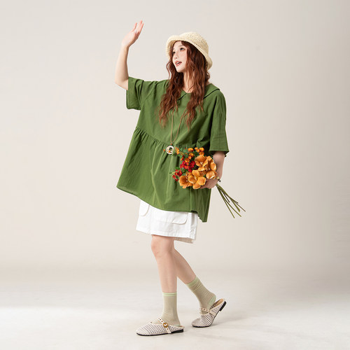 【清新田园】绿色娃娃领短袖衬衫