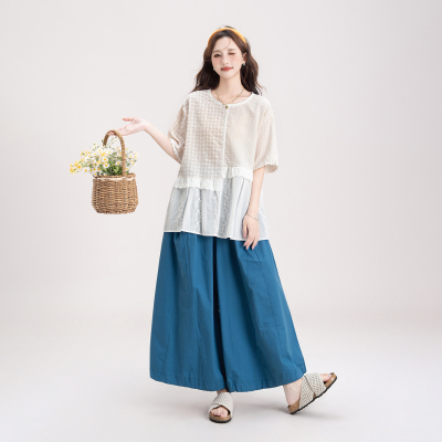 格子刺绣花边拼接短袖衬衫女夏季