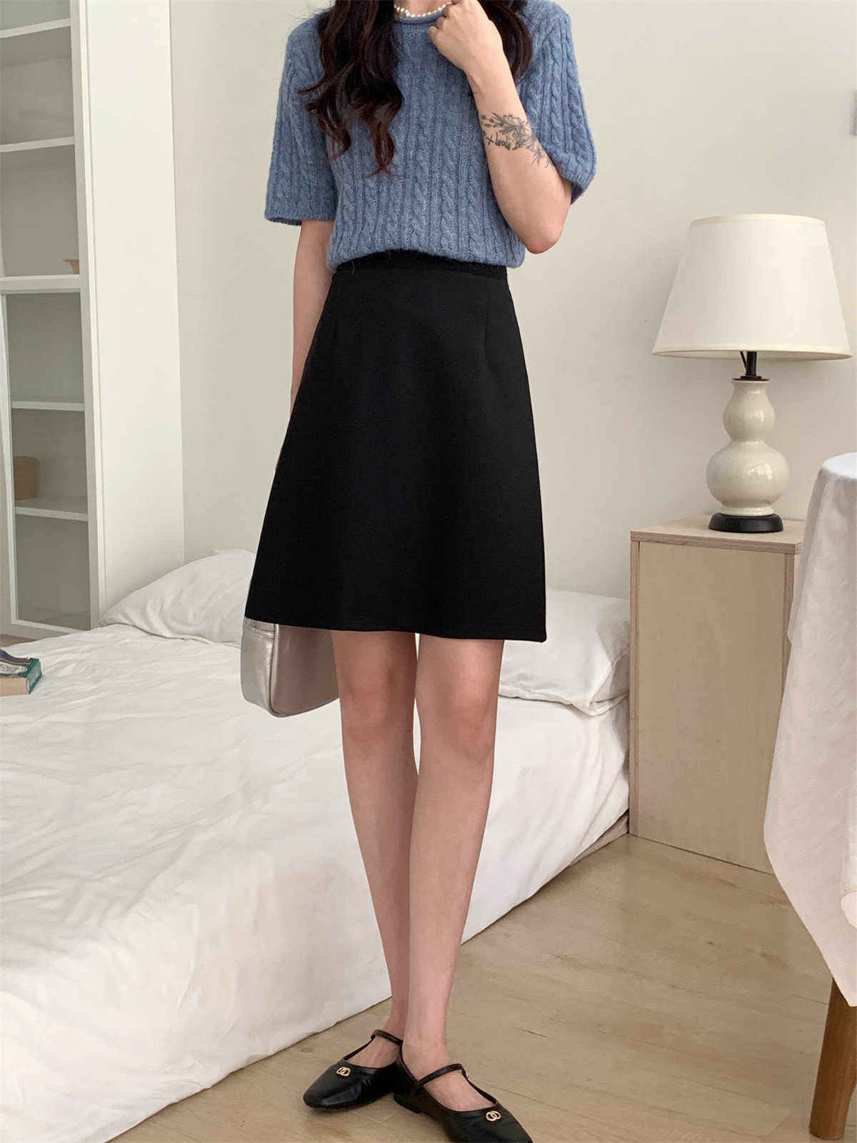 黑色罗马棉a字裙通勤显瘦中裙小个子梨型身材半身裙高腰包臀裙女