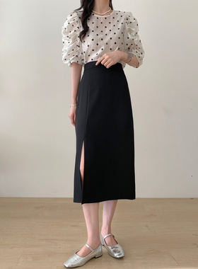 港味复古chic裙子前开叉高腰半身裙显瘦裙子女夏季气质大码a字裙