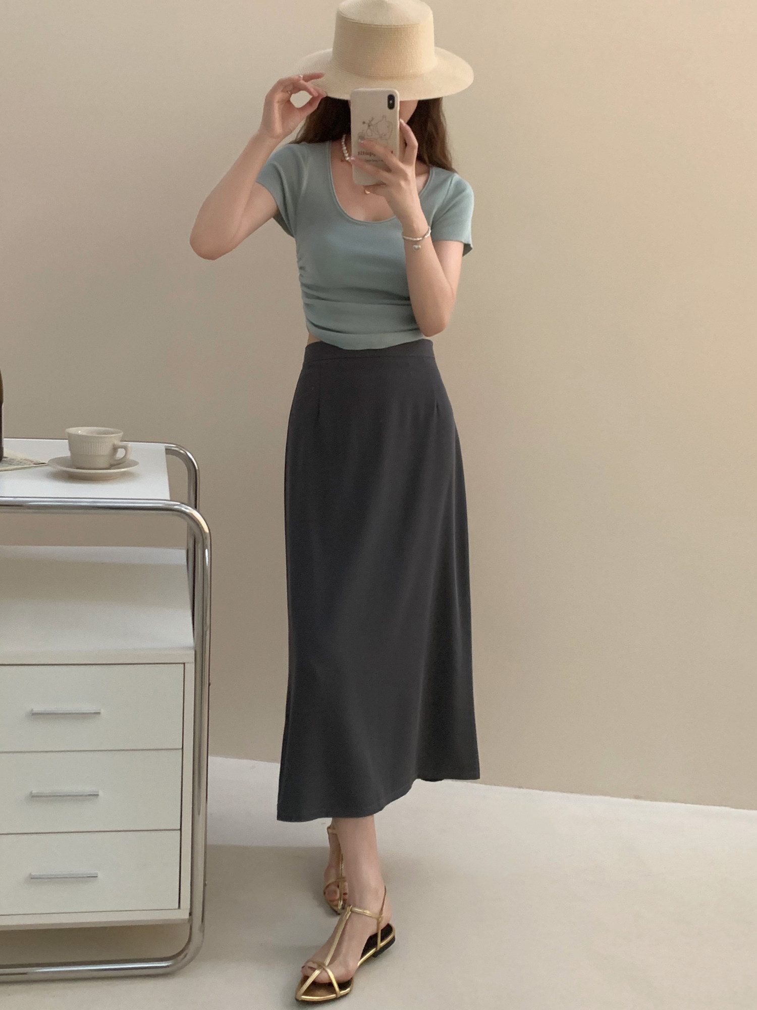 灰色西装高腰显瘦半身裙女2026春夏中长款小个子通勤长裙大码女装