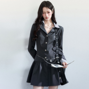fragileheart易碎商店·黑巧情书智性千金感灰色西装 连衣裙 裙长袖